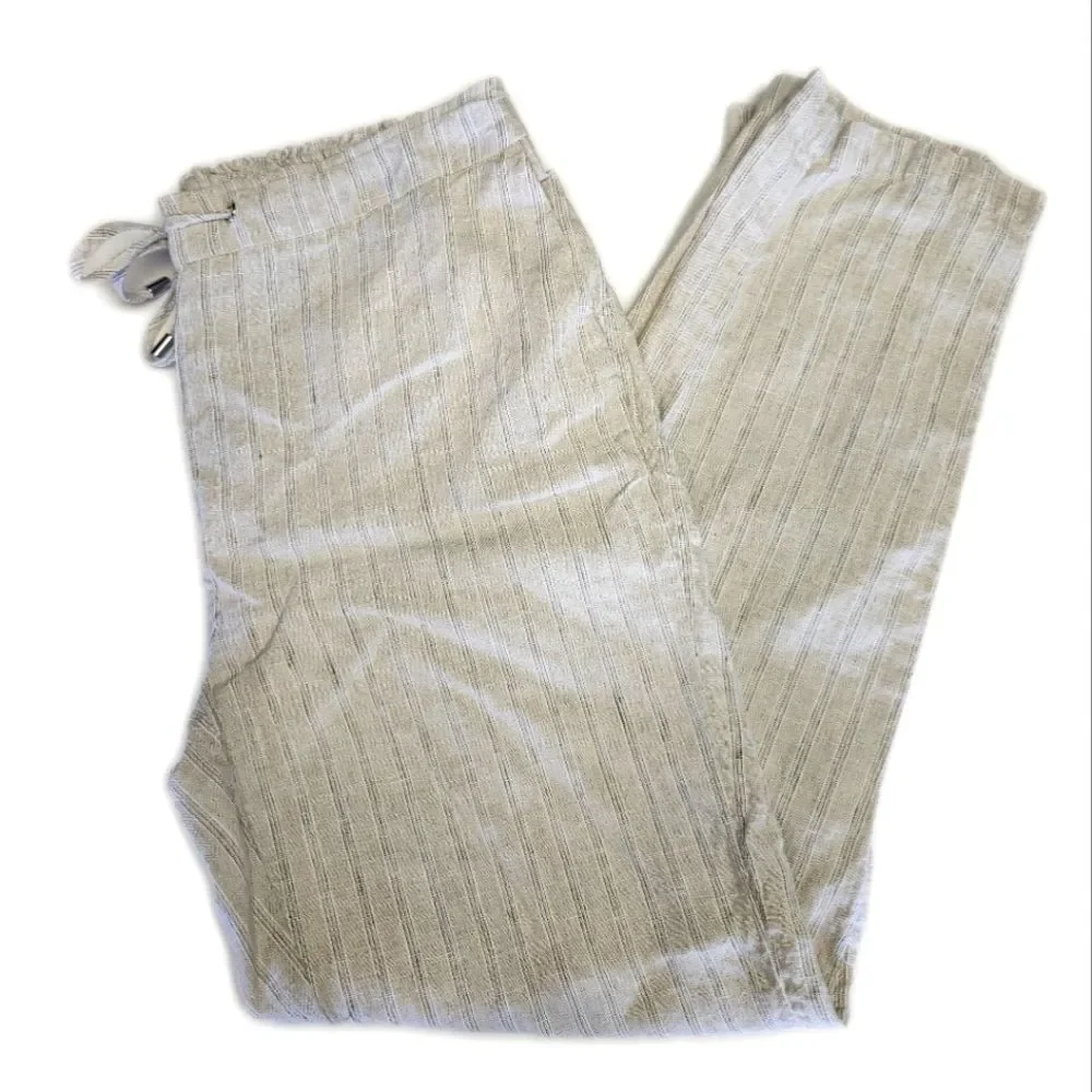 Chico's natural color striped wide leg pants, 100% linen, drawstring waist,  10T